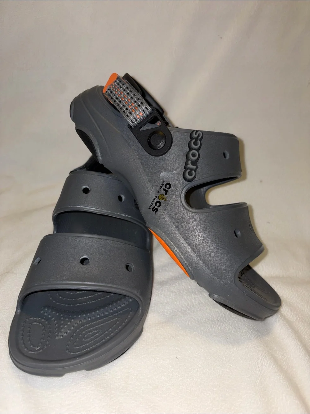 CROCS Gray Sandals with Orange Accent men size 7/women size 9